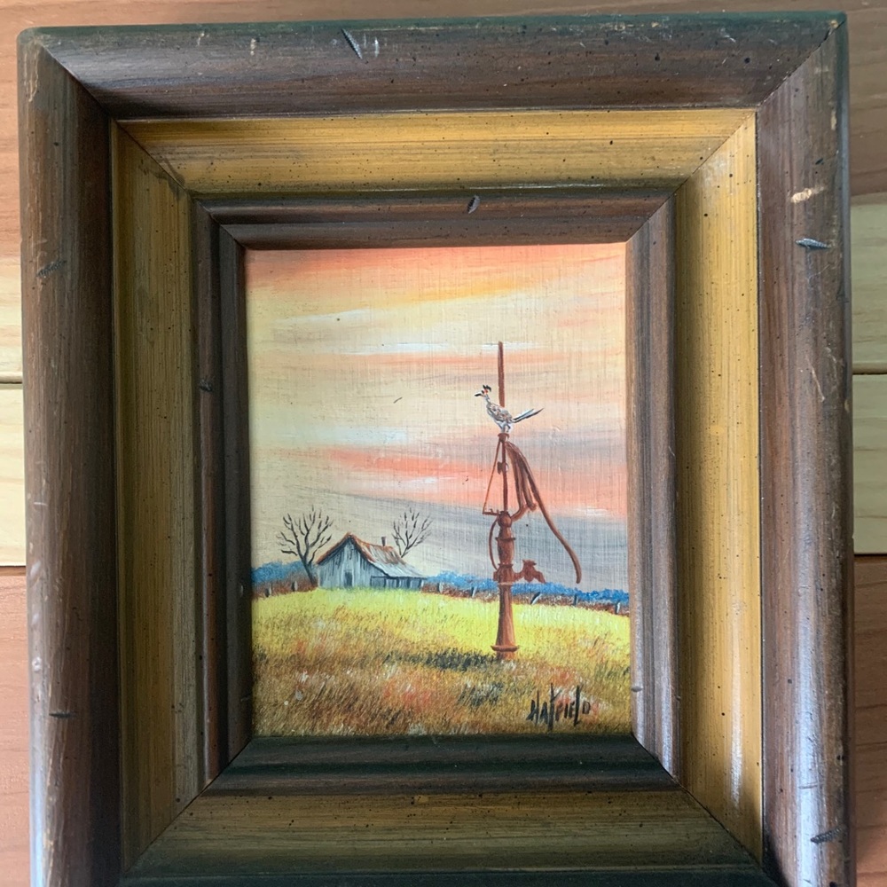 Vintage Hatfield Signed Sunset Farmhouse Oil Painting Roadrunner 7x7.5” Framed